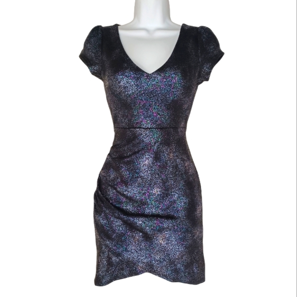 FOREIGN EXCHANGE Metallic Purple Blue Short Sleeve Size Ruching Dress Small